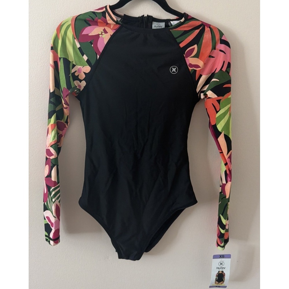 Hurley Women's Surf Suit XS Black Floral UPF 50 Rash‎ Guard NWT Swim